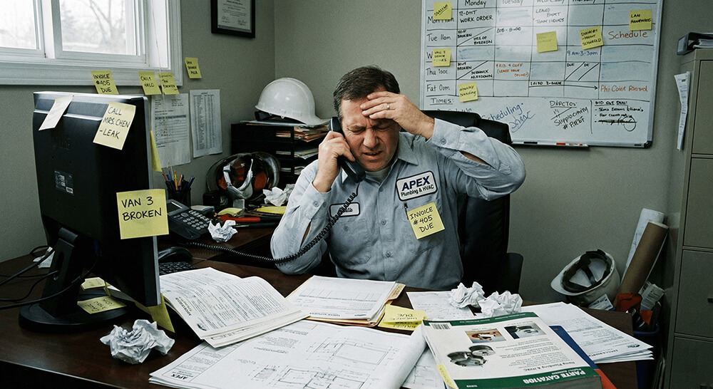 Overwhelmed office with paperwork and sticky notes