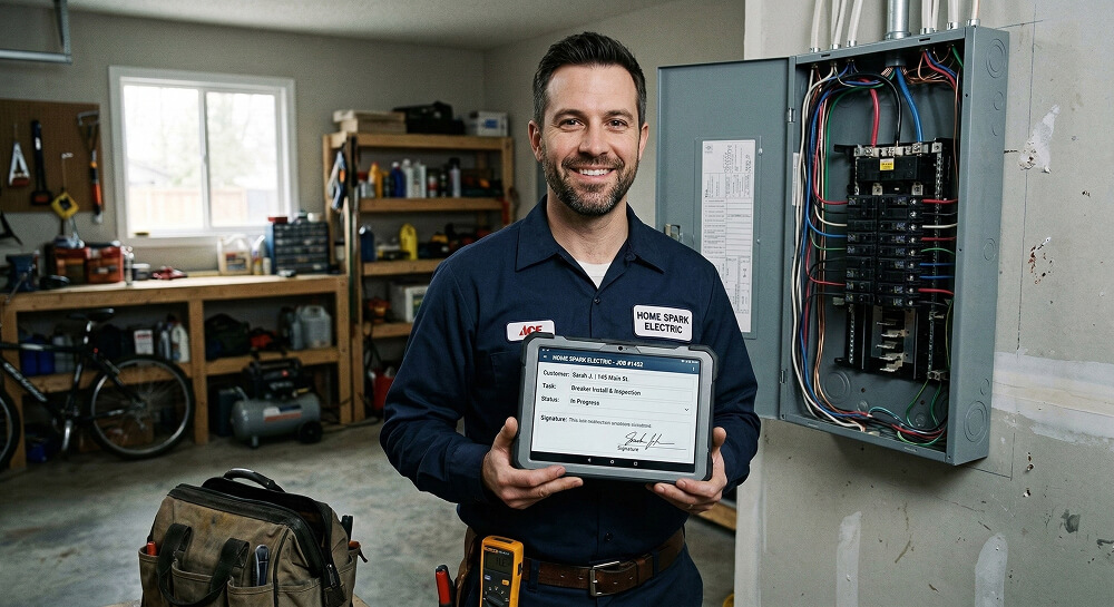 Service technician using tablet at job site