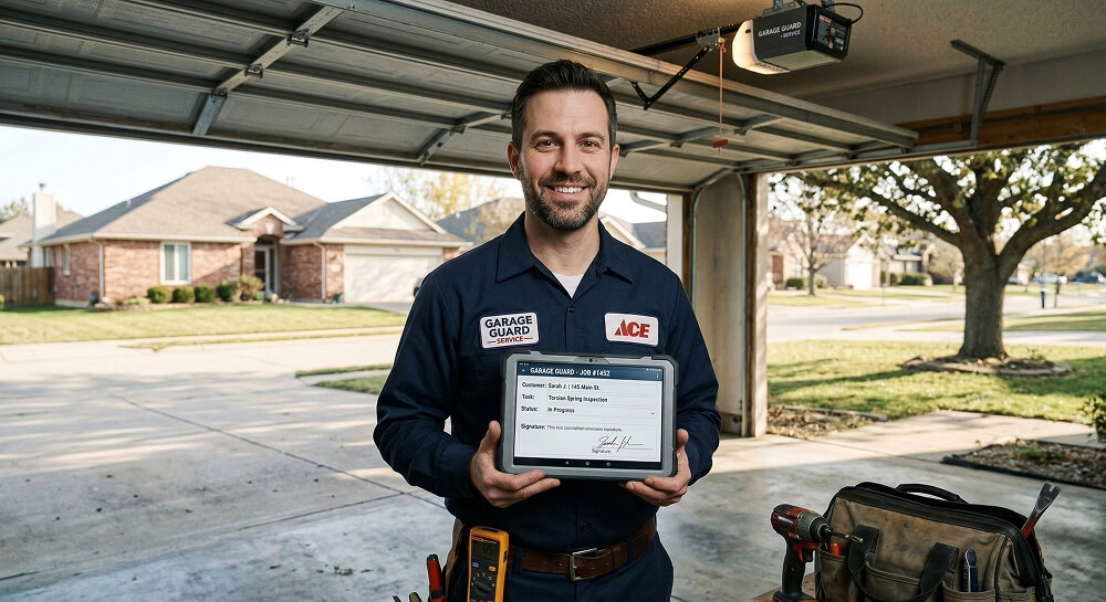 Service technician using tablet at job site