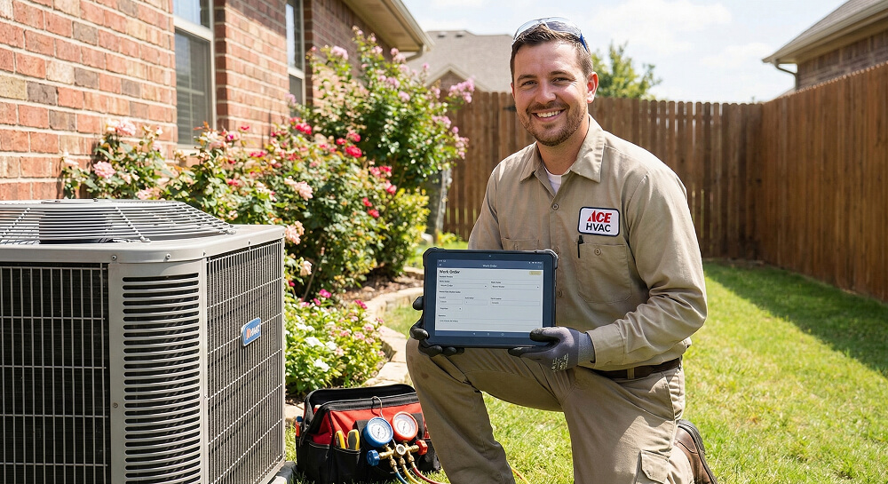 Service technician using tablet at job site