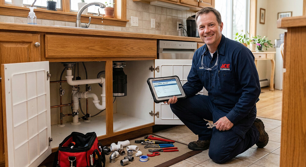 Service technician using tablet at job site